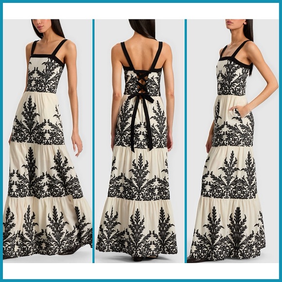 Alice + Olivia Saige Cotton Linen Blend Off White Black Tiered Maxi Dress - Picture 4 of 13